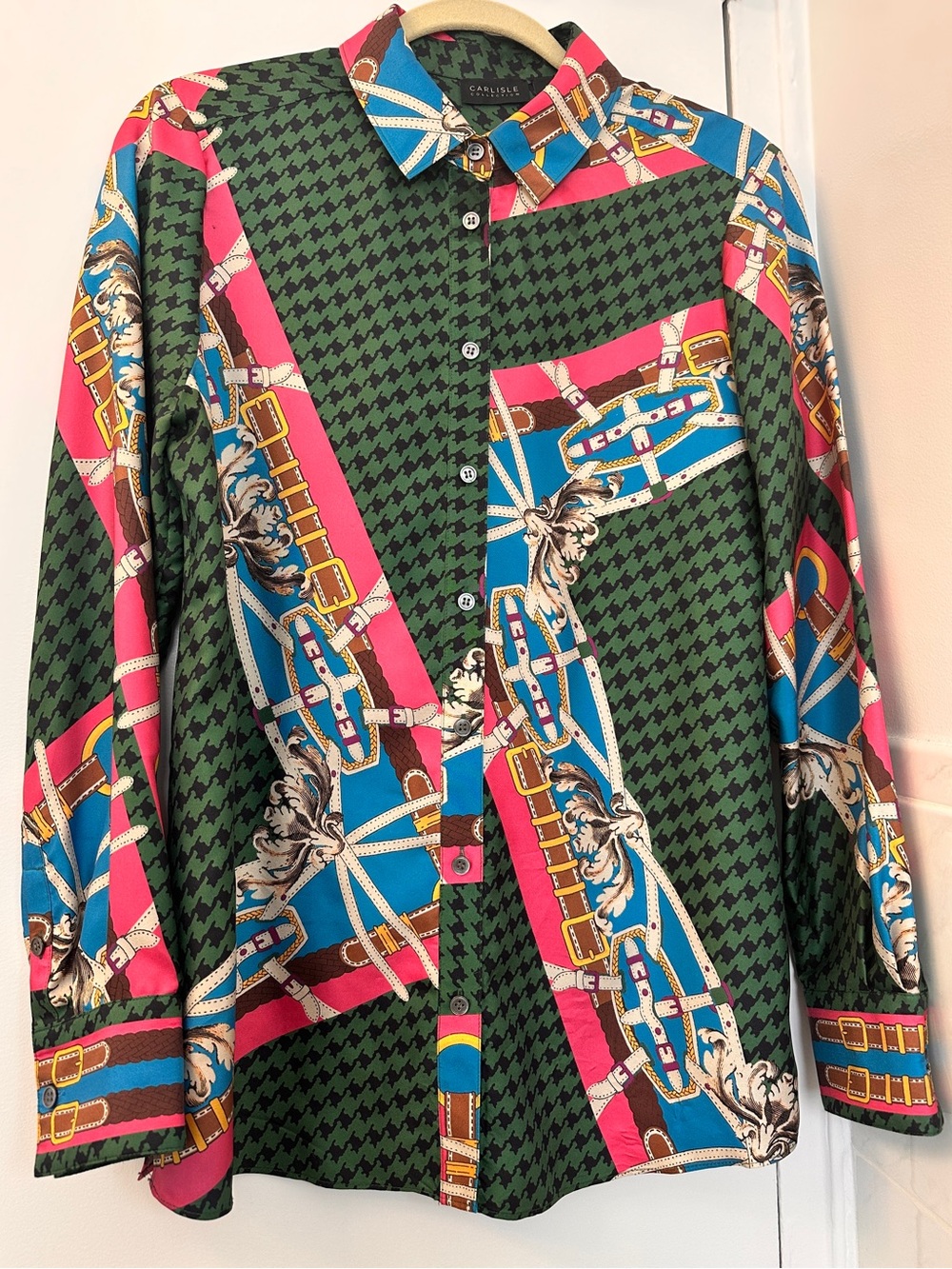 Carlisle Collection Silk Equestrian with Pink & Blue Print Button-Down Blouse